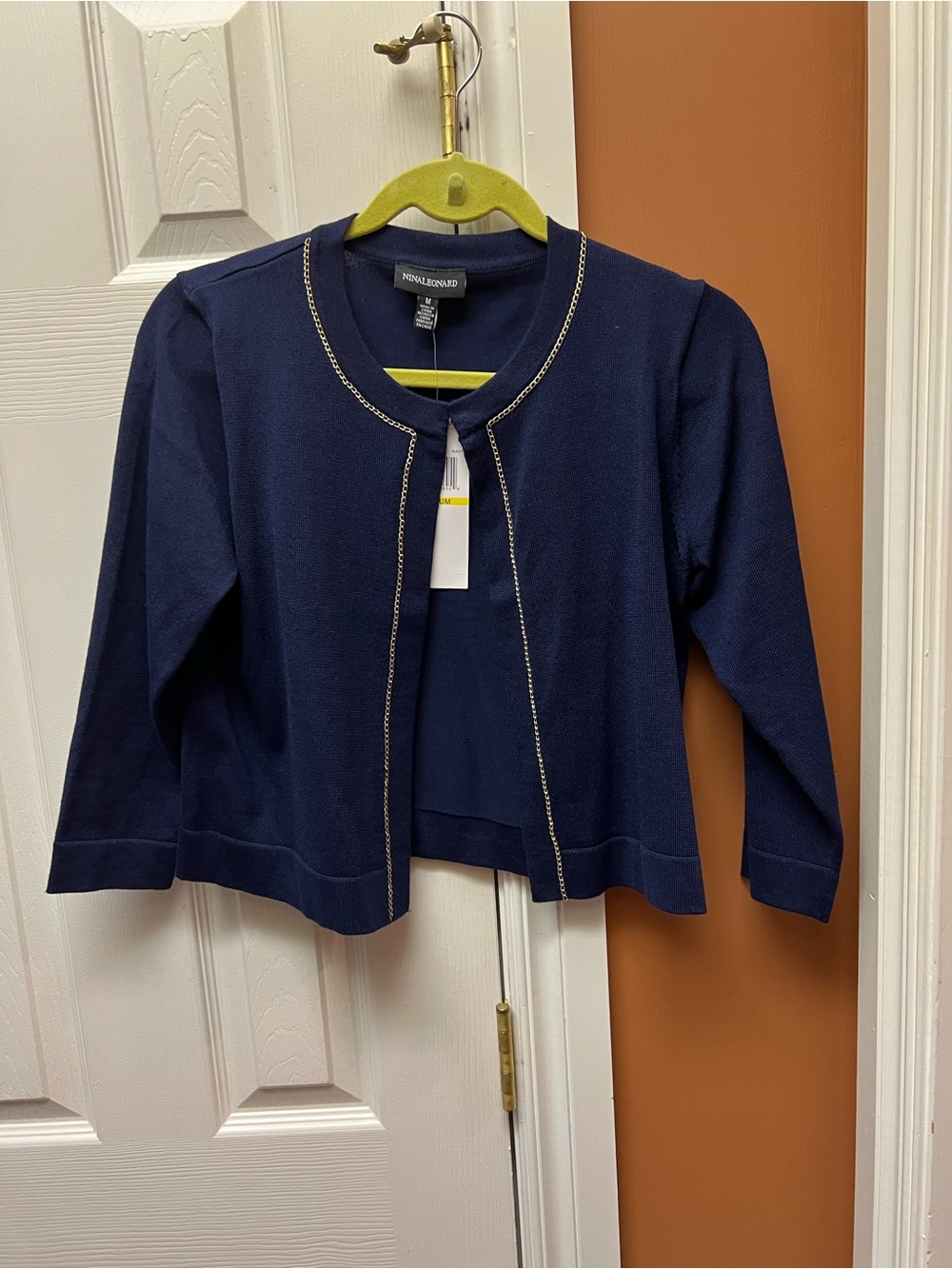 Nina Leonard Navy Open-Front Cardigan with Metallic Trim